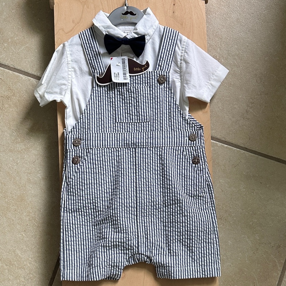 Kids Navy and White Striped Overalls with Bow Tie - Picture 2 of 3